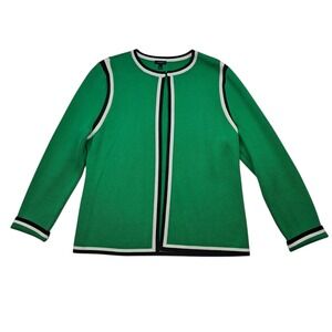 Talbots Tipped Sweater Jacket Women's Large Green Black White Preppy Work Career